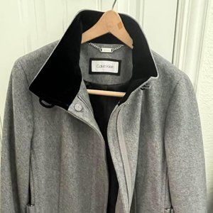 Size Medium Calvin Klein grey wool coat jacket black velvet collar